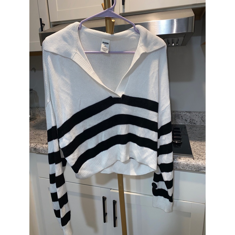 Victorias Secret PINK Striped Knit Sweater White Black V-Neck Collared Medium